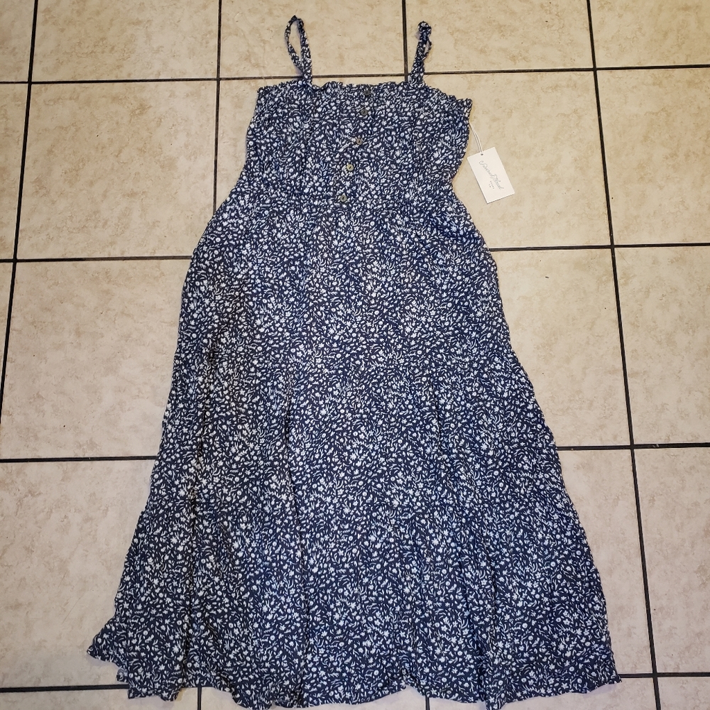 Blue Floral Spaghetti Strap Midi Dress